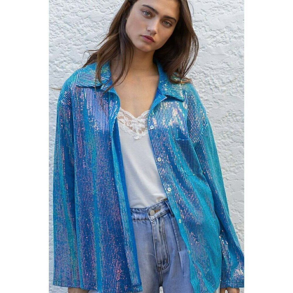 Life's a Party Sequin Button-Up Shirt in Ocean Blue - Picture 9 of 11